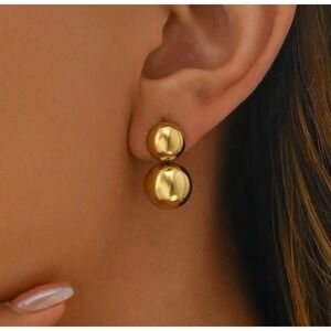 NWT Stainless Steel Gold Double Ball Drop Earrings‎ Hypoallergenic